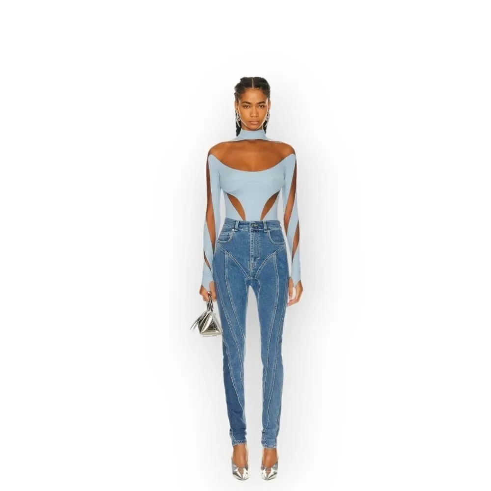 Mugler Illusion Cutout Bodysuit –‎ Light Blue Mesh, Size 8 | NWT